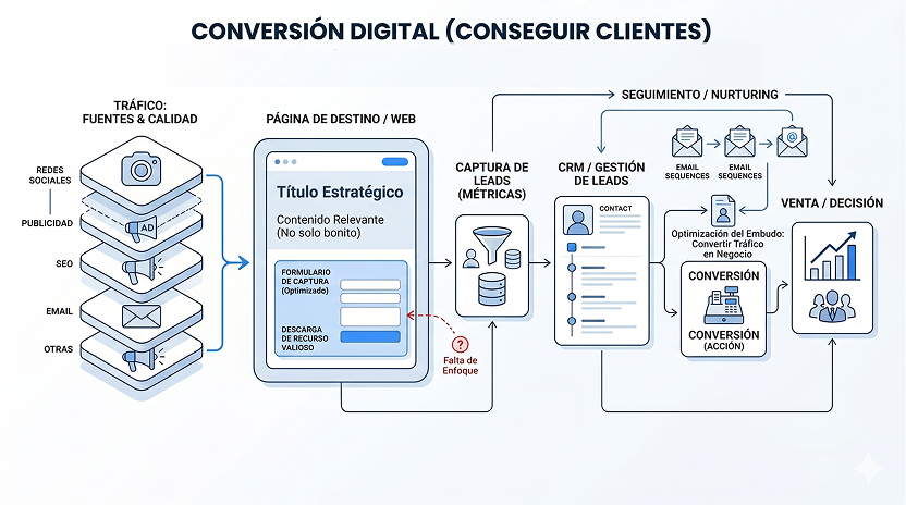 Diagrama de sistema para captar, filtrar, ordenar y dar seguimiento a oportunidades comerciales B2B.