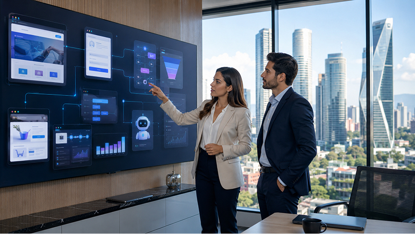 Ejecutivos latinos revisando un ecosistema de activos digitales conectados para captación comercial.
