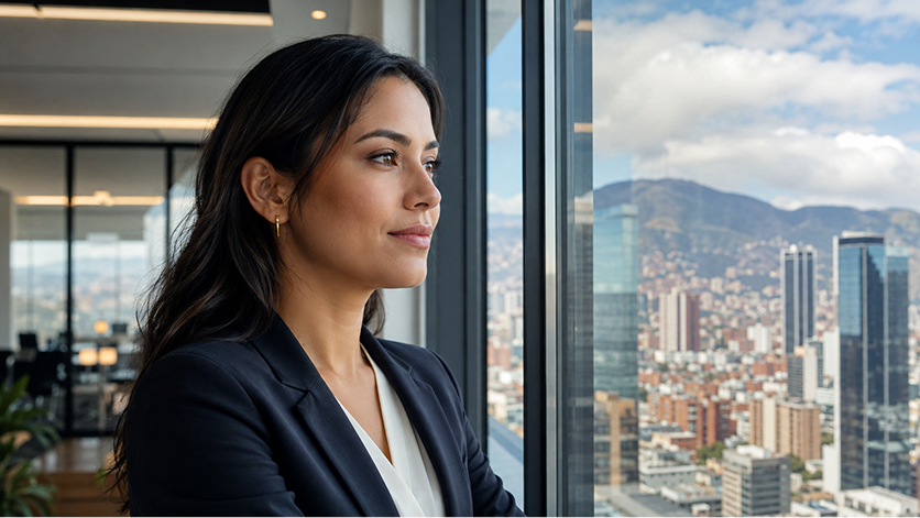 Mujer ejecutiva latina con claridad estratégica sobre activos digitales y seguimiento comercial.
