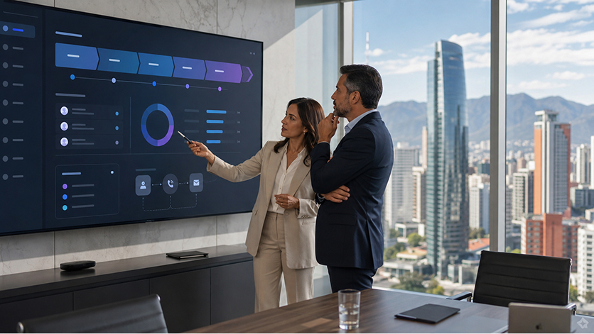 Ejecutivos latinos revisando un CRM con pipeline y seguimiento comercial en una oficina corporativa.