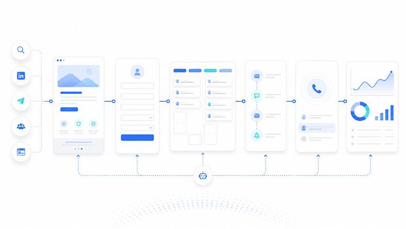 Diagrama visual de un sistema B2B para captar, filtrar, ordenar y dar seguimiento a oportunidades comerciales.