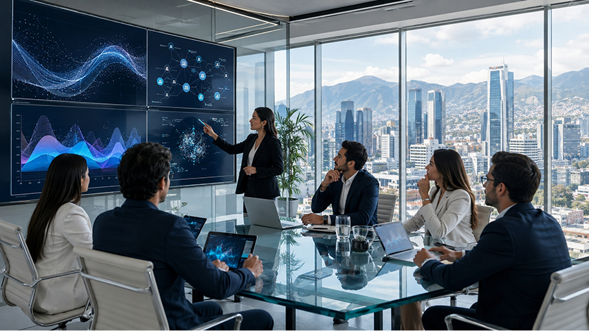 Equipo profesional supervisando activos digitales asistidos por IA con criterio humano.