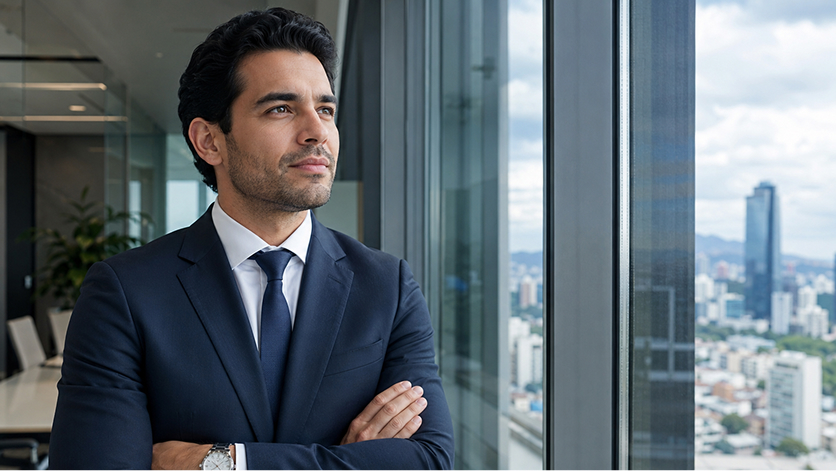 Ejecutivo latino proyectando control comercial sobre activos digitales conectados.