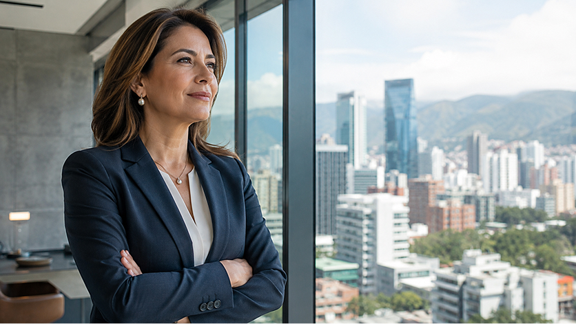 Mujer ejecutiva latina proyectando control y claridad sobre el seguimiento comercial de leads.