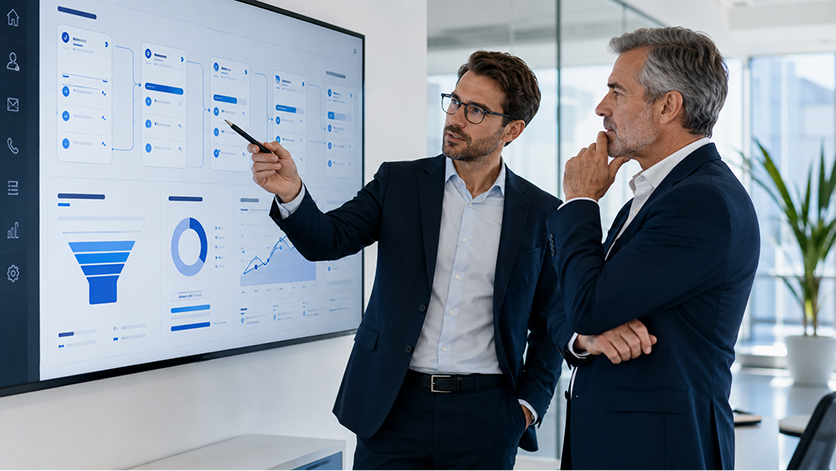 Consultor y directivo revisando un sistema de captación cualificada B2B con CRM, pipeline y seguimiento comercial.