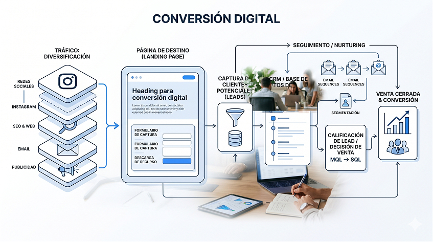 Diagrama de captación desde Instagram hacia web, formulario, CRM y seguimiento comercial