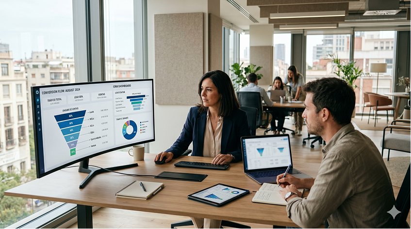 Dueño de empresa revisando captación desde Instagram, web y CRM con un consultor digital