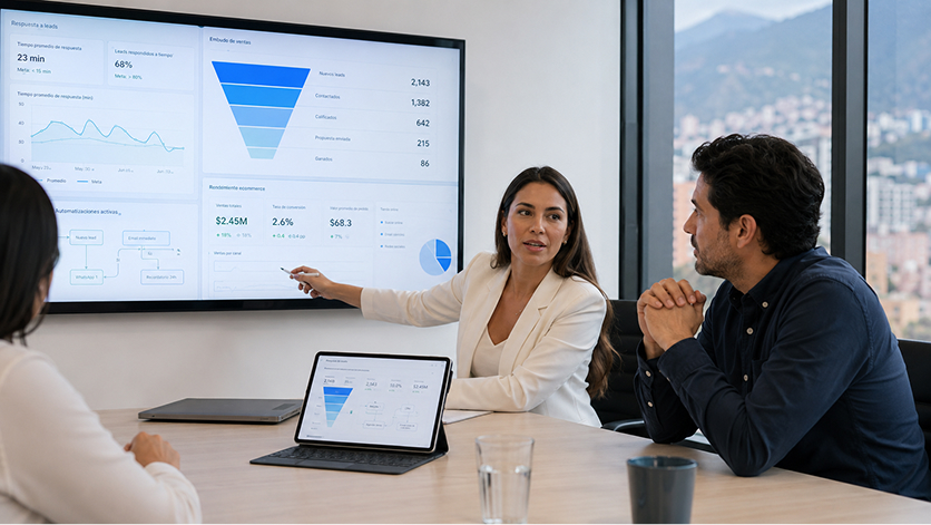 Equipo de ventas revisando el seguimiento de leads en un CRM