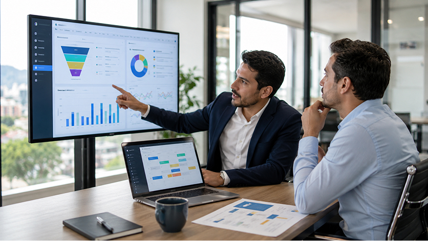 Empresaria revisando la velocidad de respuesta y el seguimiento comercial en pantalla