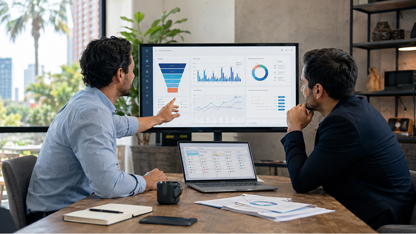 Equipo de ventas de una empresa revisando el seguimiento de leads en un CRM