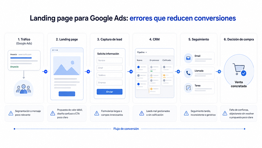 Persona revisando una campaña de Google Ads y una landing page en pantalla