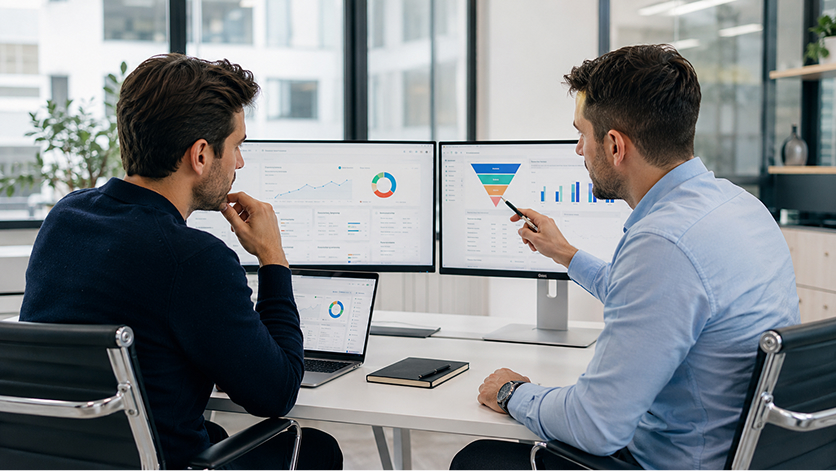 Diagrama de un sistema que conecta landing page, formulario, CRM y seguimiento comercial