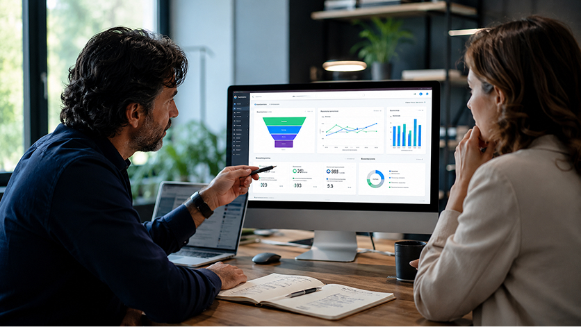 Equipo comercial revisando el diseño de una landing page para captar leads en una pantalla