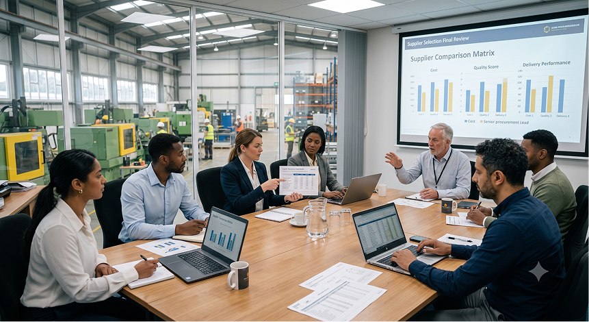 Persona comparando fichas de varios proveedores industriales en una pantalla