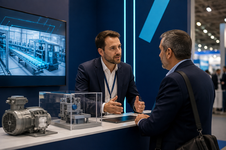 Representante comercial conversando con un comprador en un stand de feria industrial
