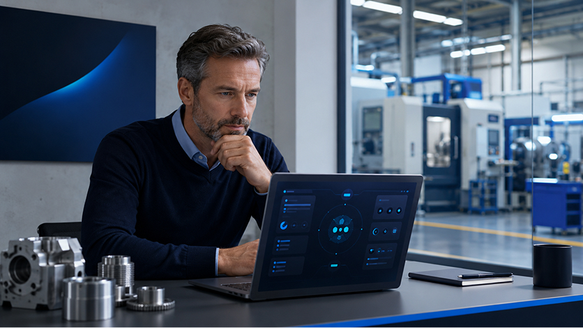Gerente de compras consultando a un asistente de inteligencia artificial por proveedores industriales