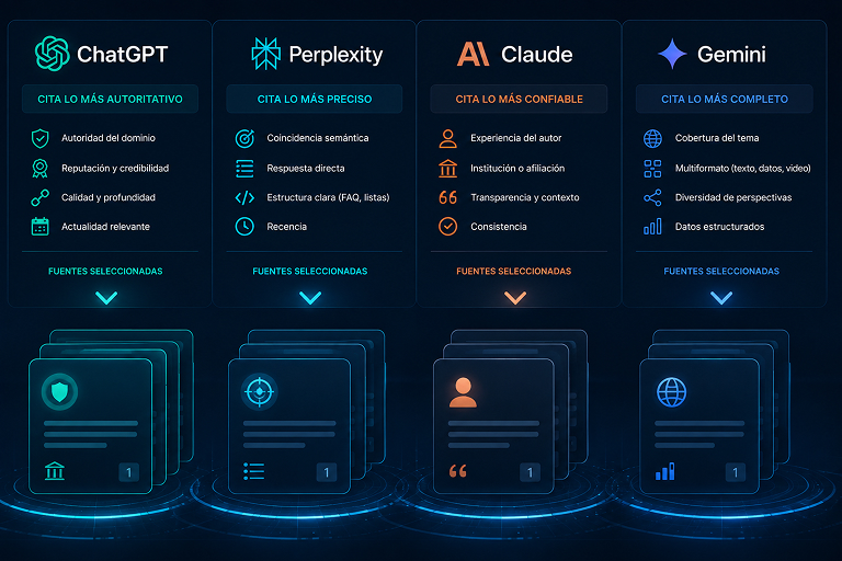 Cuatro motores de inteligencia artificial, ChatGPT, Perplexity, Claude y Gemini, citando fuentes con criterios distintos