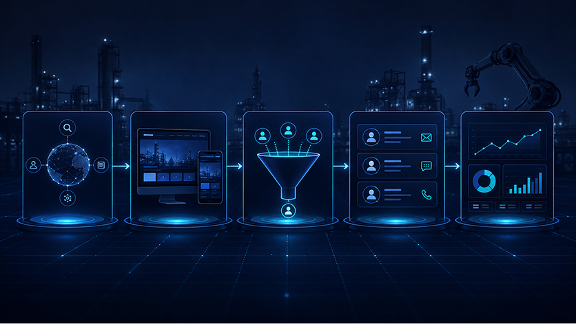 Las cinco piezas de un sistema de captación B2B conectadas en un flujo